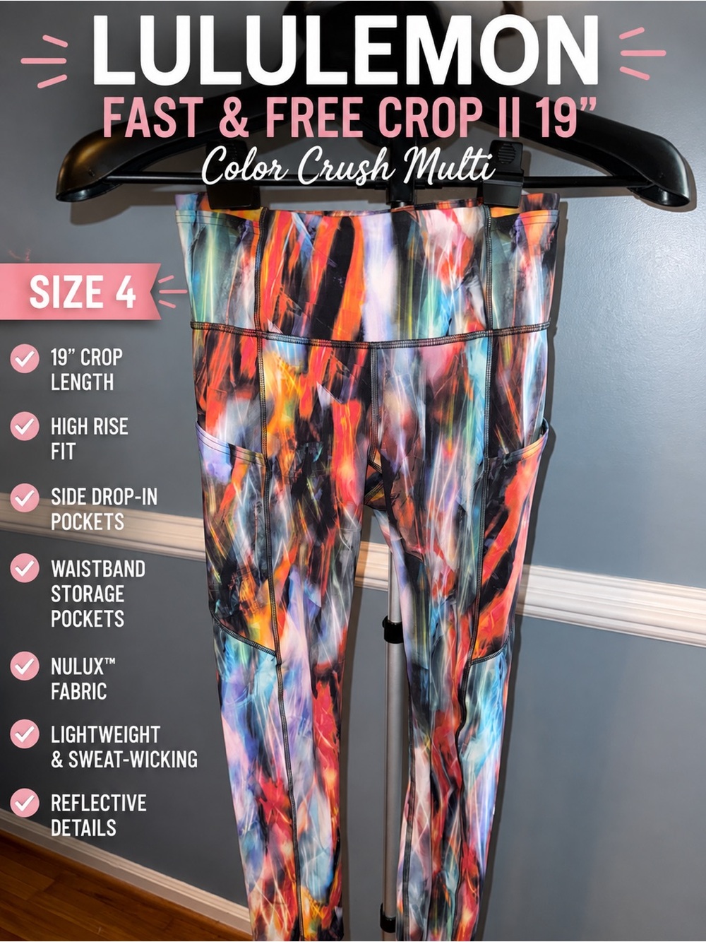 Lululemon Fast & Free Crop II 19” Color Crush Multi Leggings | Size 4 🌈